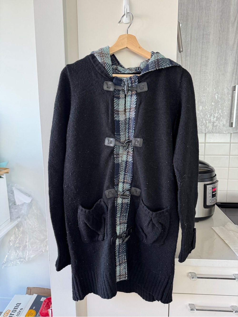 Black Hooded Toggle Cardigan with Plaid Trim
